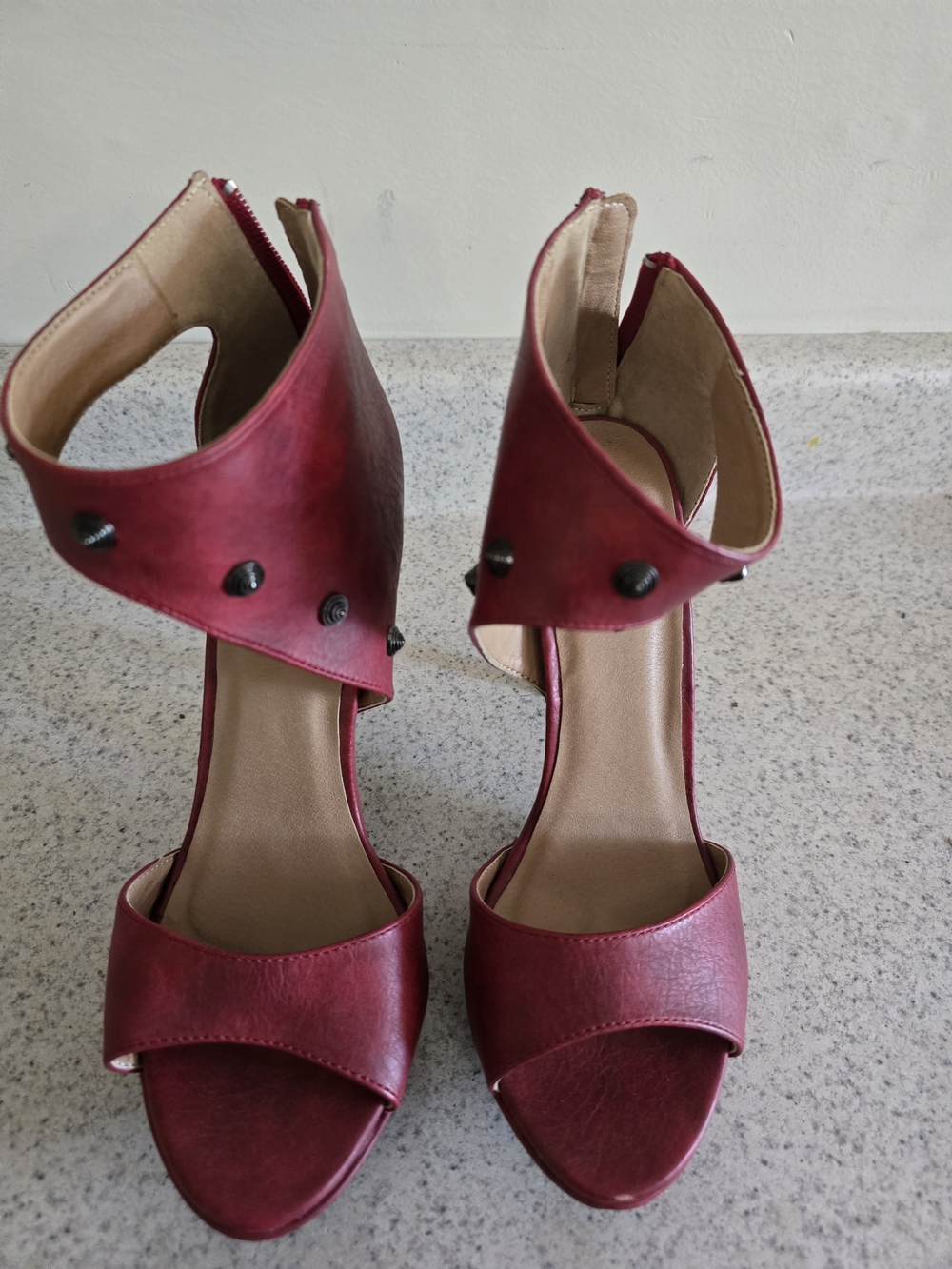 Michael Antonio Burgundy Stud-Trim Open-Toe Ankle-Cuff Heels